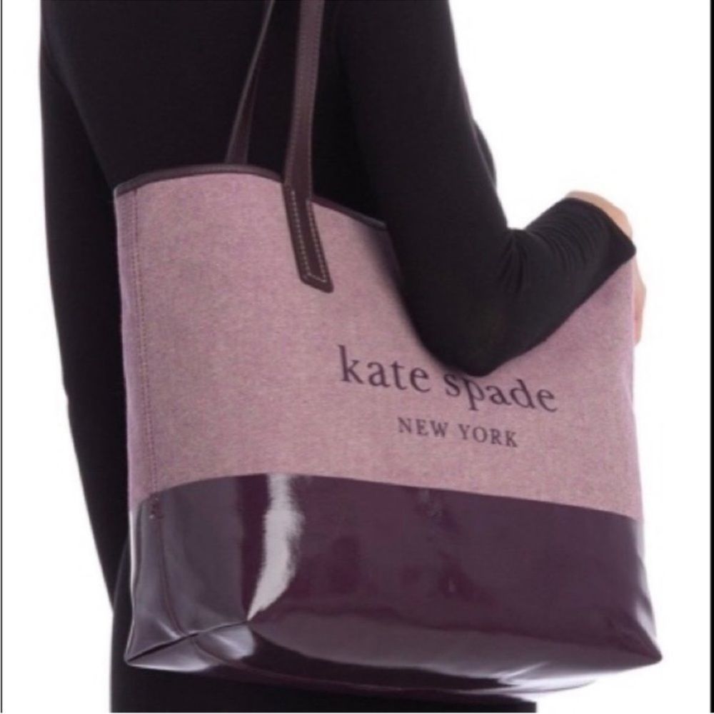 Kate Spade Ash Street Logo Triple Compartment Tote GUC Cotton Twill Leather Trim - Picture 14 of 14